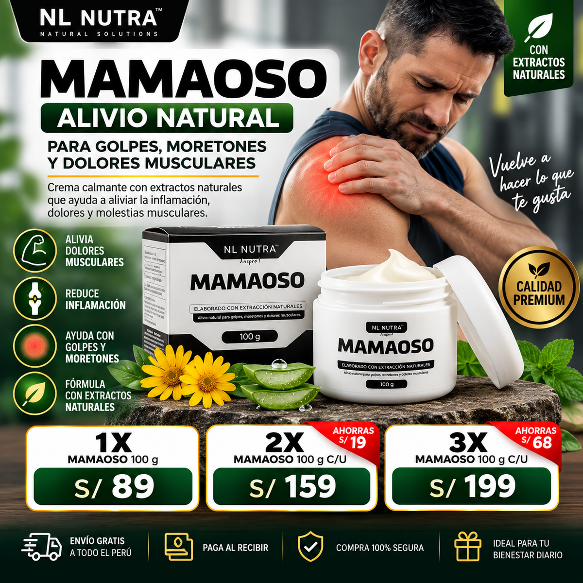 Mamaoso Crema Natural para Golpes, Moretones y Molestias Musculares 100g
