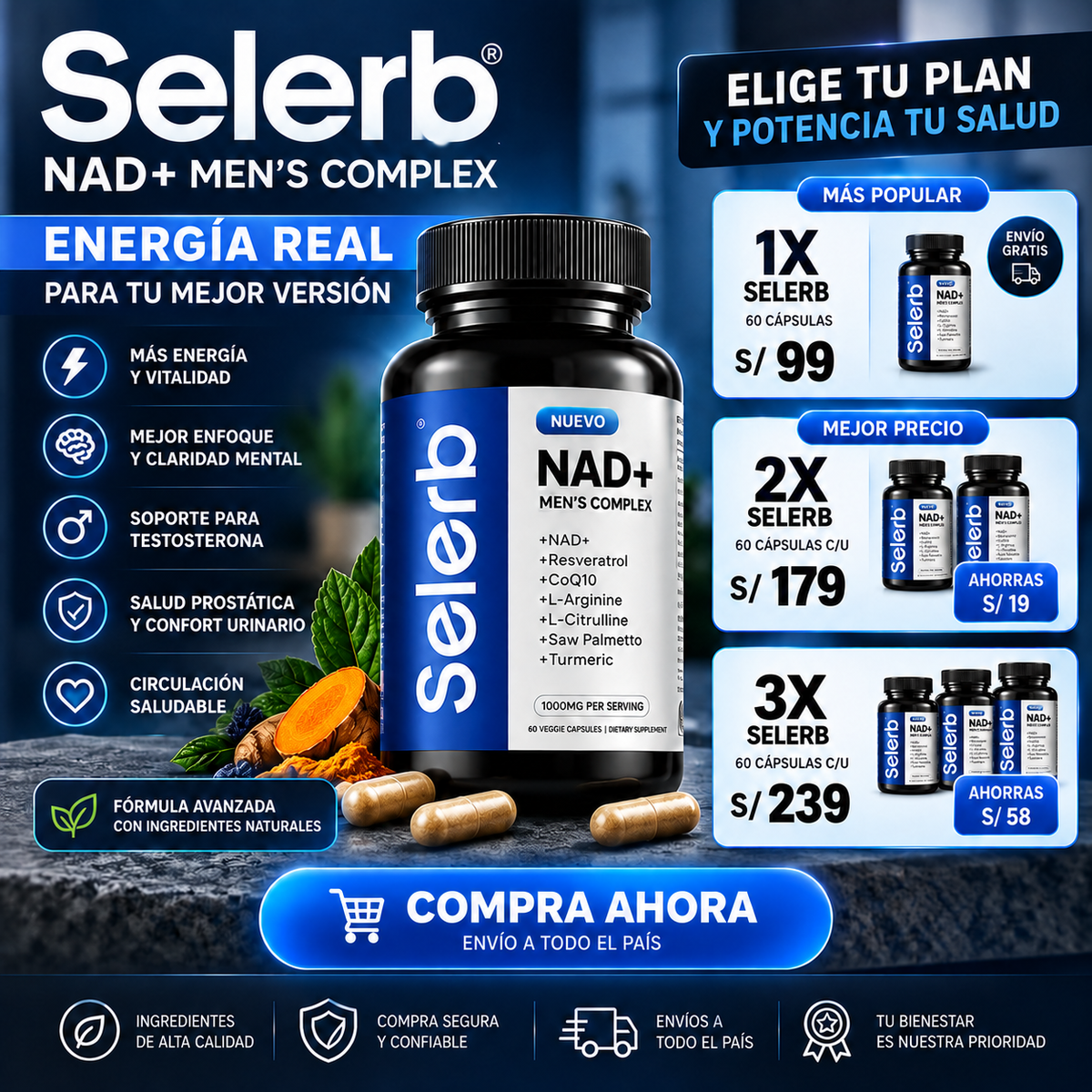Selerb Nad Suplemento Nad+ - Energía y Vitalidad Masculina