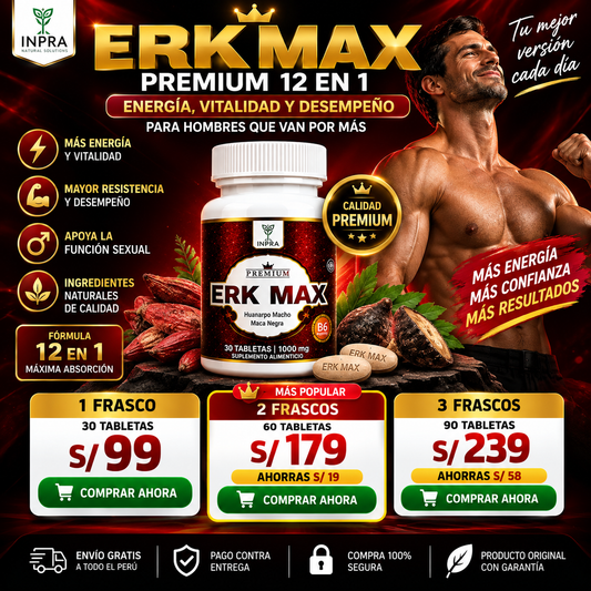 Erk Max Premium 12 en 1 Huanarpo Macho Maca Negra 30 Tabletas