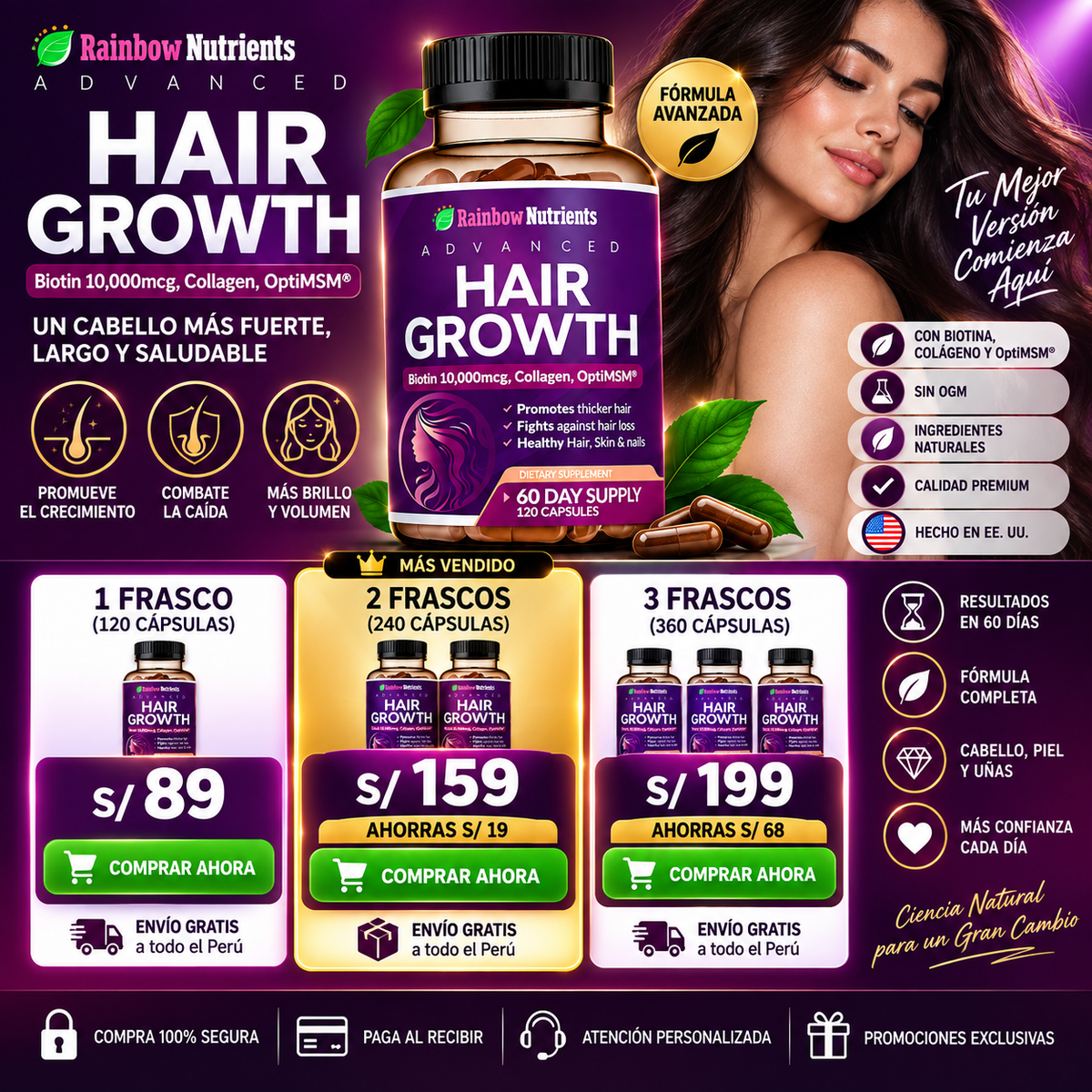 Hair Growth Advanced Rainbow Nutrients – Biotina 10,000 mcg, Colágeno y OptiMSM – 120 Cápsulas