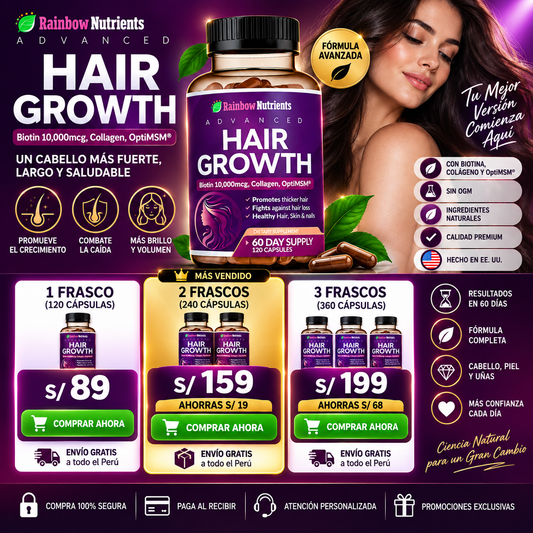 Hair Growth Advanced Rainbow Nutrients – Biotina 10,000 mcg, Colágeno y OptiMSM – 120 Cápsulas