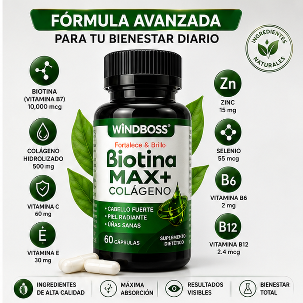 Biotina Max + Colageno - Cabello, Piel y Uñas mas Fuertes