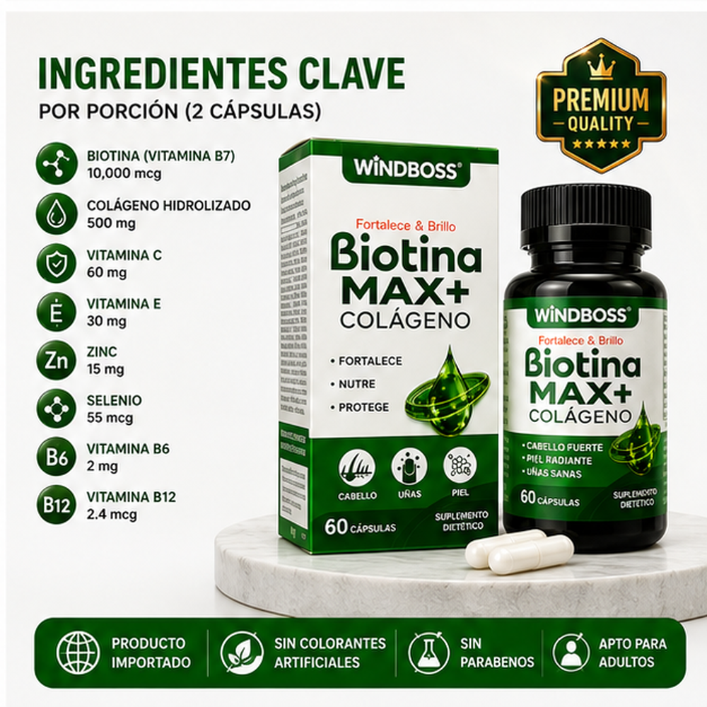 Biotina Max + Colageno - Cabello, Piel y Uñas mas Fuertes