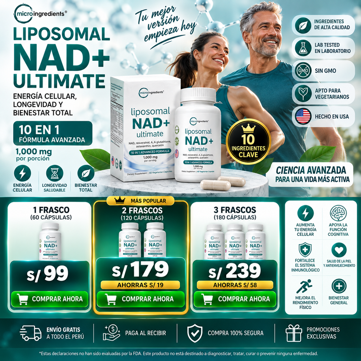 Liposomal NAD+ Ultimate 10 en 1 – Fórmula Avanzada 1000 mg – 60 Cápsulas Vegetarianas