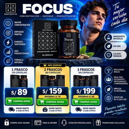 Zzen Focus Nootrópico Natural – Concentración, Enfoque y Energía – 30 Cápsulas