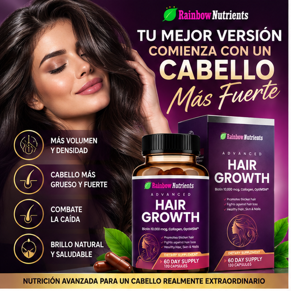 Hair Growth Advanced Rainbow Nutrients – Biotina 10,000 mcg, Colágeno y OptiMSM – 120 Cápsulas
