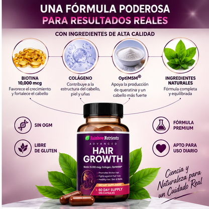 Hair Growth Advanced Rainbow Nutrients – Biotina 10,000 mcg, Colágeno y OptiMSM – 120 Cápsulas