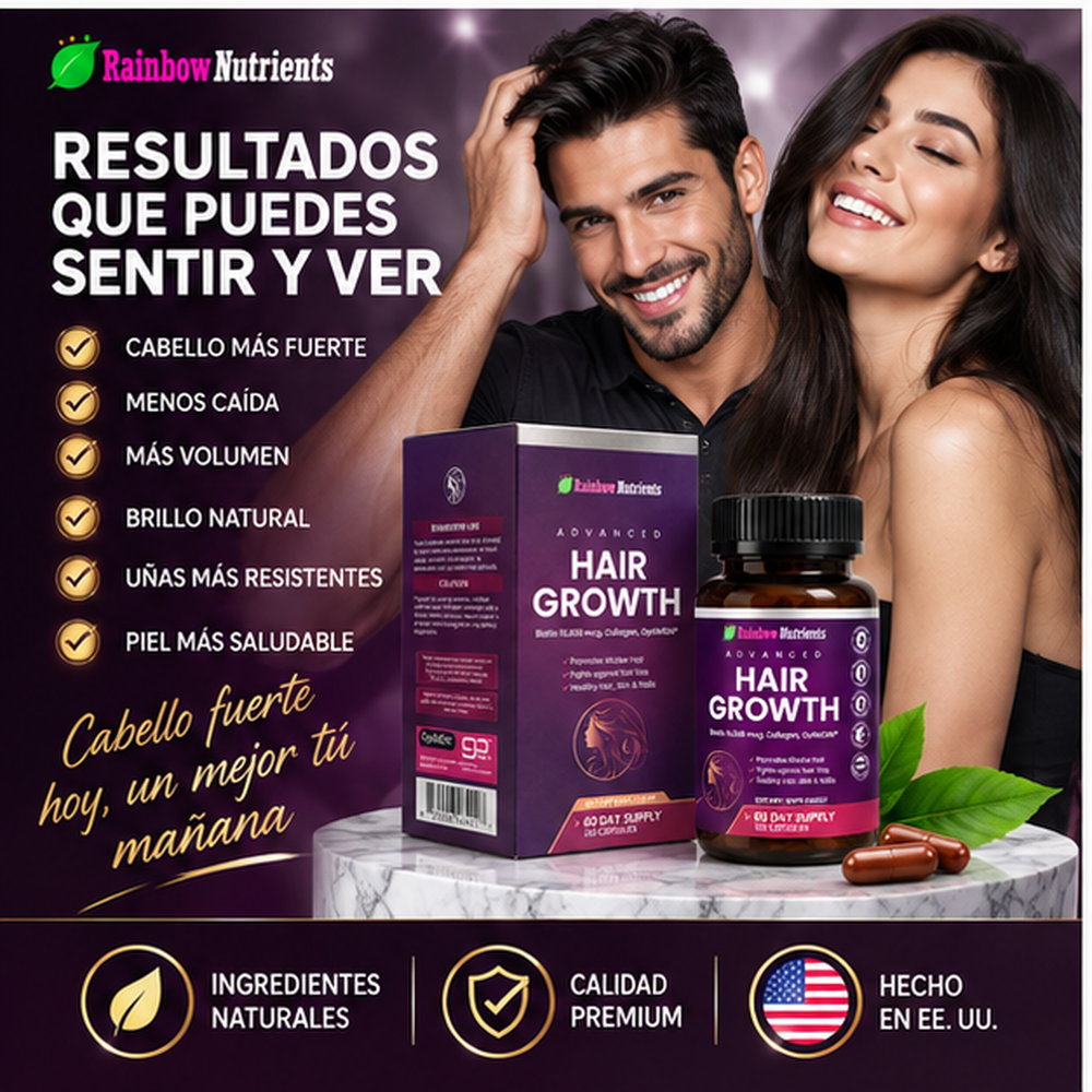 Hair Growth Advanced Rainbow Nutrients – Biotina 10,000 mcg, Colágeno y OptiMSM – 120 Cápsulas