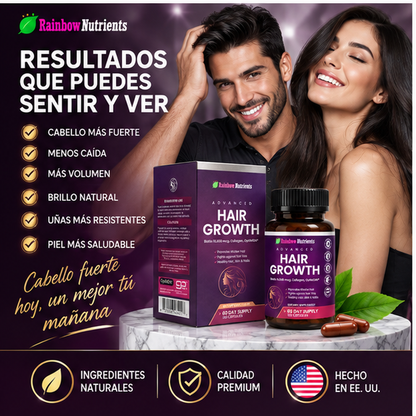 Hair Growth Advanced Rainbow Nutrients – Biotina 10,000 mcg, Colágeno y OptiMSM – 120 Cápsulas