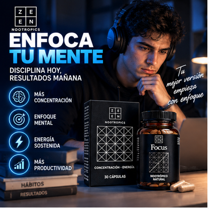 Zzen Focus Nootrópico Natural – Concentración, Enfoque y Energía – 30 Cápsulas