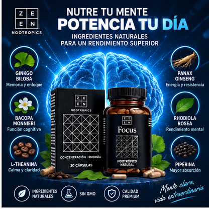 Zzen Focus Nootrópico Natural – Concentración, Enfoque y Energía – 30 Cápsulas