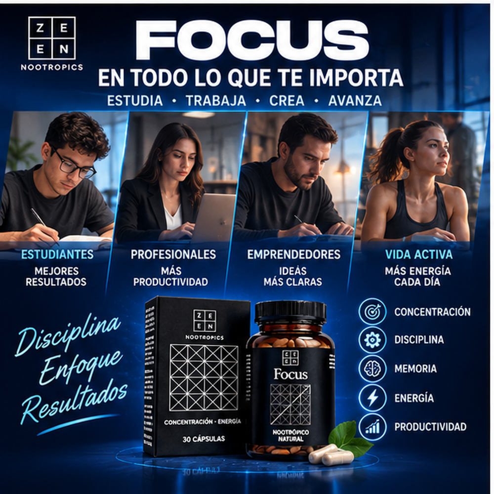 Zzen Focus Nootrópico Natural – Concentración, Enfoque y Energía – 30 Cápsulas