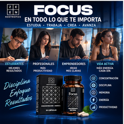 Zzen Focus Nootrópico Natural – Concentración, Enfoque y Energía – 30 Cápsulas